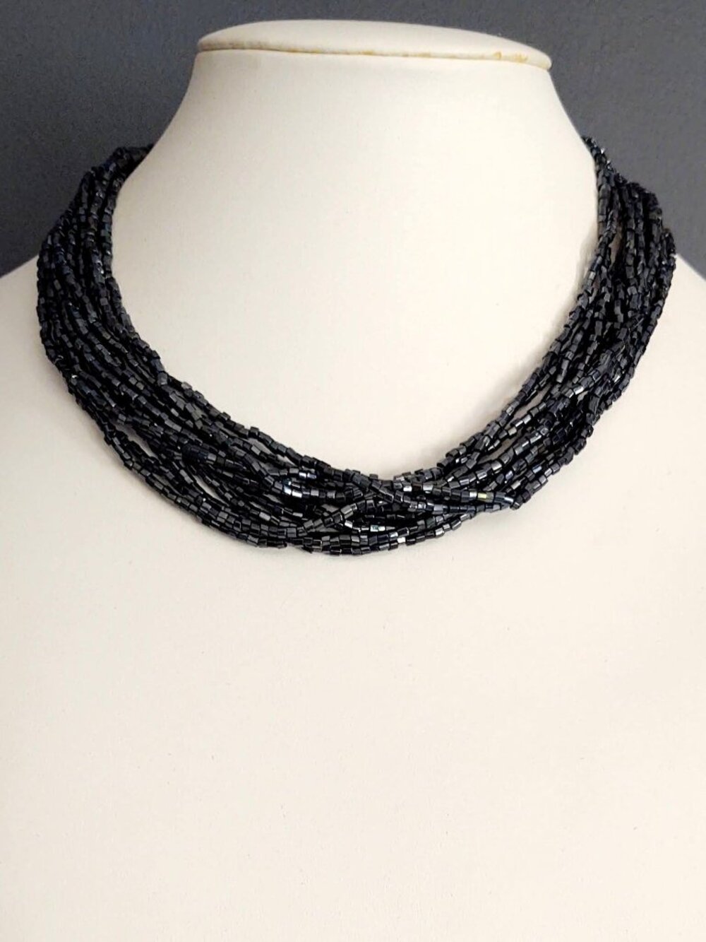 Gunmetal bugle bead multi stand necklace